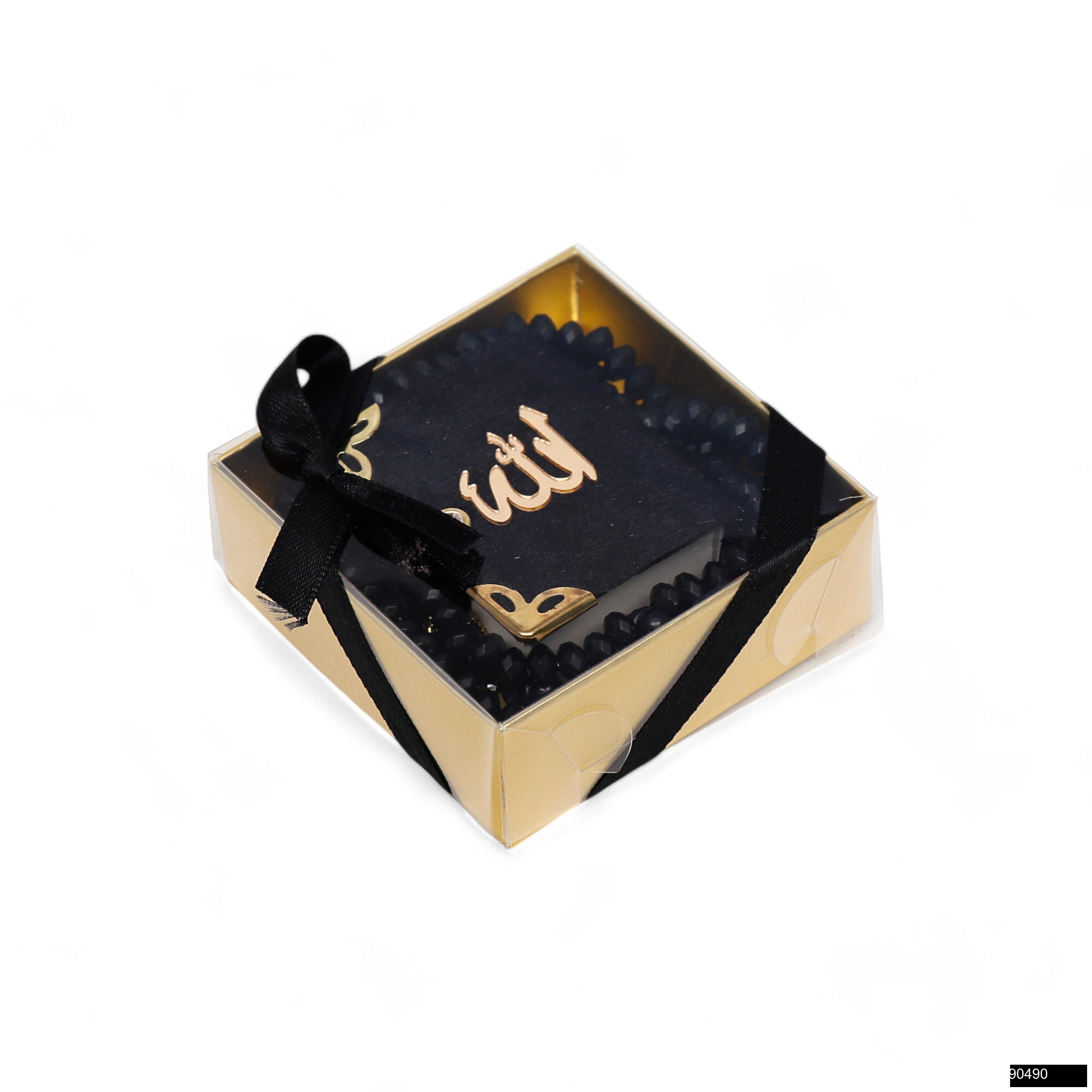 90490.jpg 8x8x3 cm Zühre Serisi Asetat Kutu + Mikro Boy Arapça Tek Sayfa Püsküllü Kadife Kuran-ı Kerim + Gül Kokulu Tesbih Seti - Görsel 1