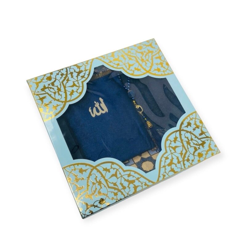 Islamic Prayer Mat - Islamic Gift set Prayer mat, Tasbeeh & Yaseen And Selected Surah Gift Box Blue