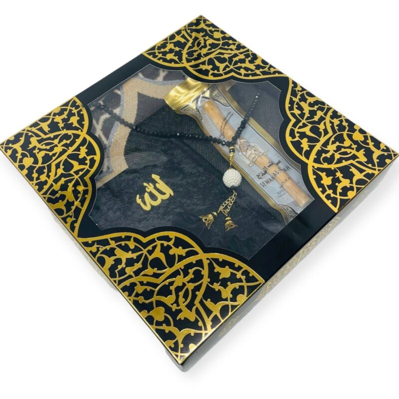 Islamic Prayer Mat - Islamic Gift set Prayer mat, Tasbeeh & Yaseen And Selected Surah Gift Box Black