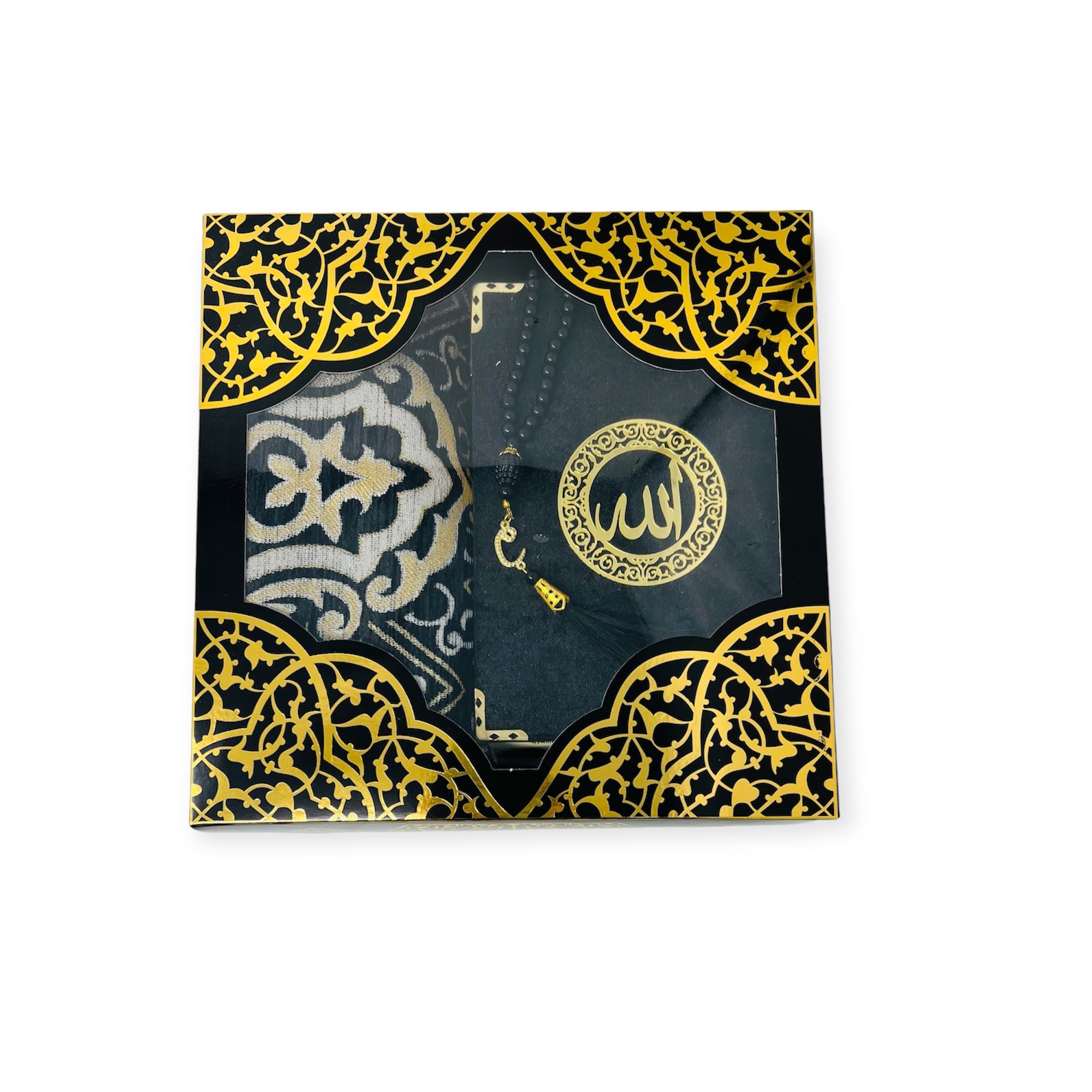 Islamic Prayer Mat - Prayer Rug Gift Box Set - With indo pak Quran & Prayer Beads Black Islamic Prayer Mat - Prayer Rug Gift Box Set - With indo pak Quran & Prayer Beads Black
