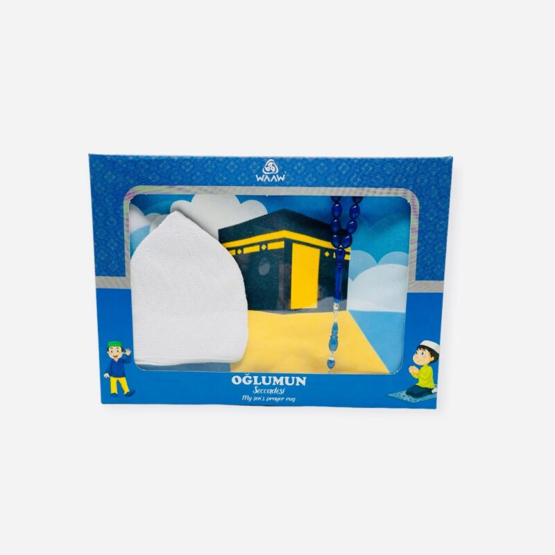 Muslim Prayer Hat - Children Gift Box With Prayer mat, Tasbeeh & Prayer Hat Blue