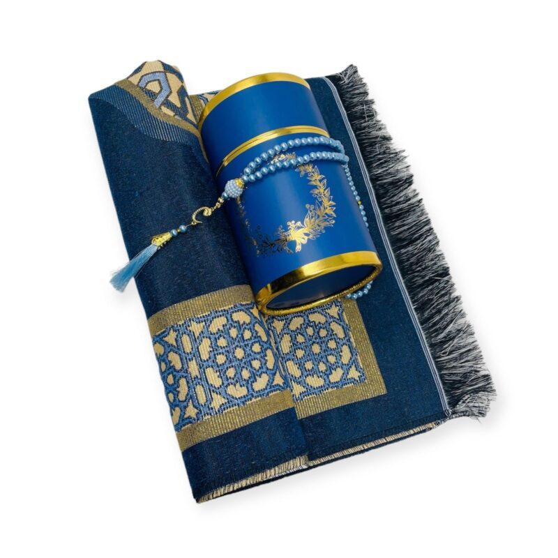 Islamic Prayer Mat - Cylinder Gift Box With Prayer mat, Tasbeeh Blue