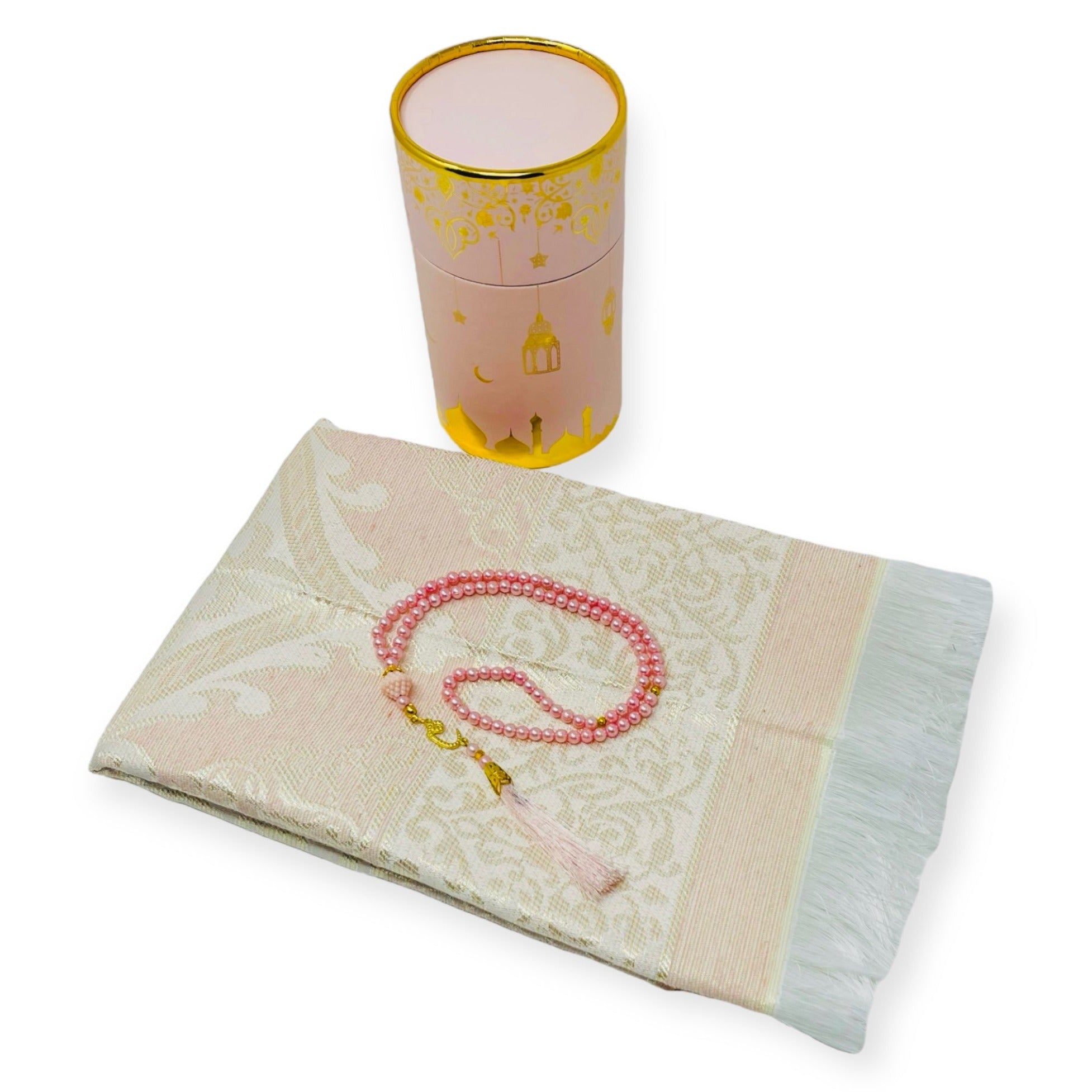 Islamic Prayer Mat - Cylinder Gift Box With Prayer mat, Tasbeeh Pink Islamic Prayer Mat - Cylinder Gift Box With Prayer mat, Tasbeeh Pink