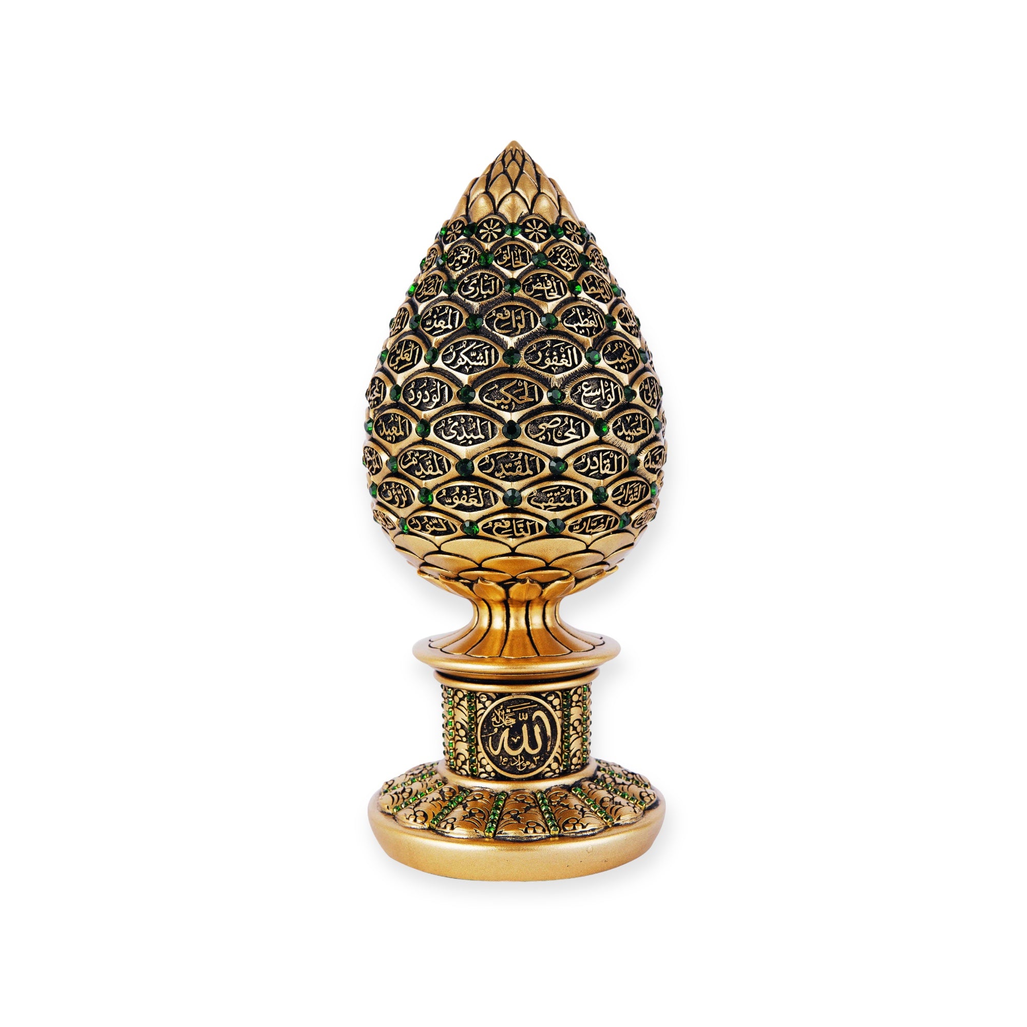 Islamic Ornament - Islamic Table Decor Golden pine cone with Green stones - 99 Names of Allah Alif collection Islamic Ornament - Islamic Table Decor Golden pine cone with Green stones - 99 Names of Allah Alif collection