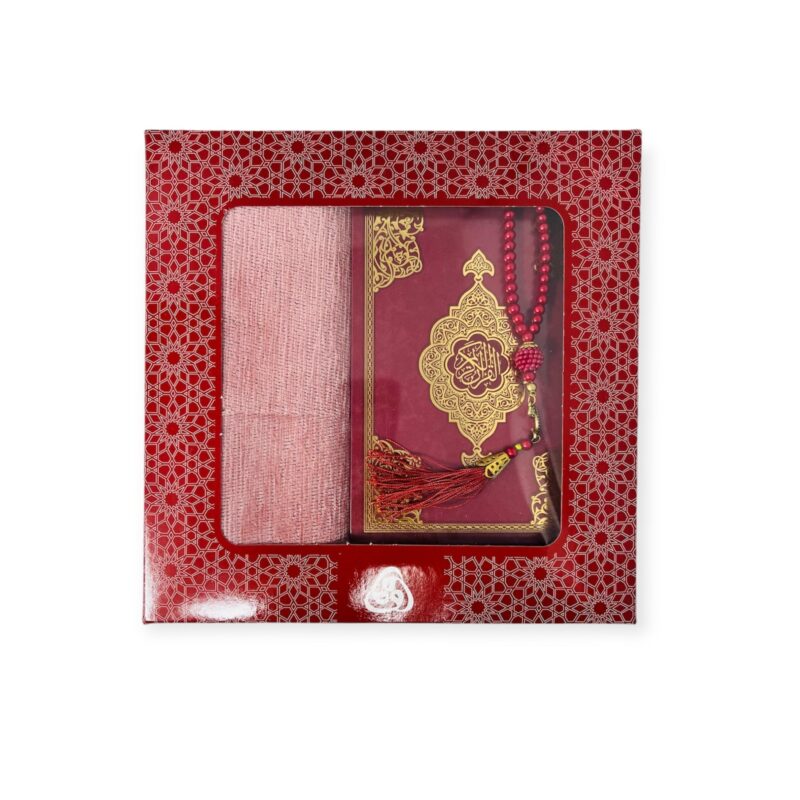 Islamic Prayer Mat - Prayer Rug Gift Box Set - With indo pak Quran & Prayer Beads Red