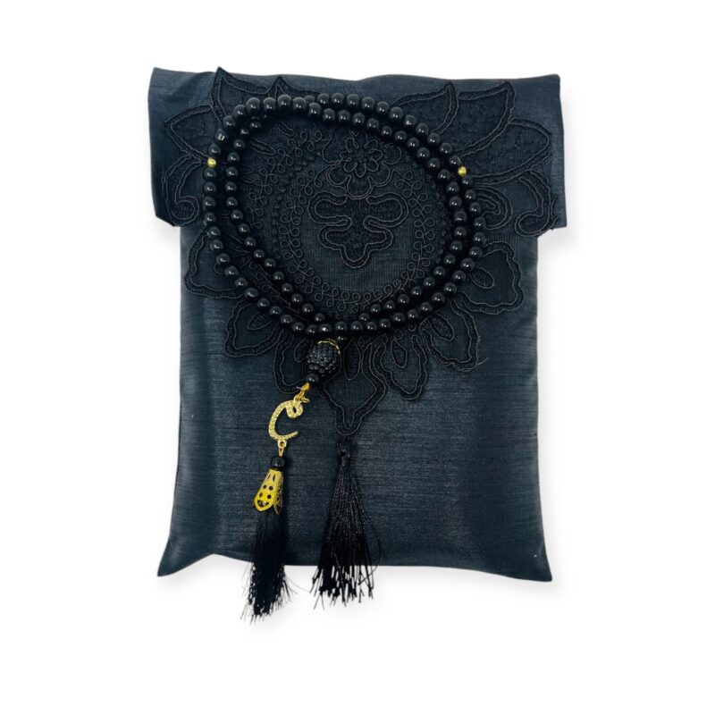 Islamic Prayer Mat - Lace Work Travel prayer mat With Tasbeeh Black