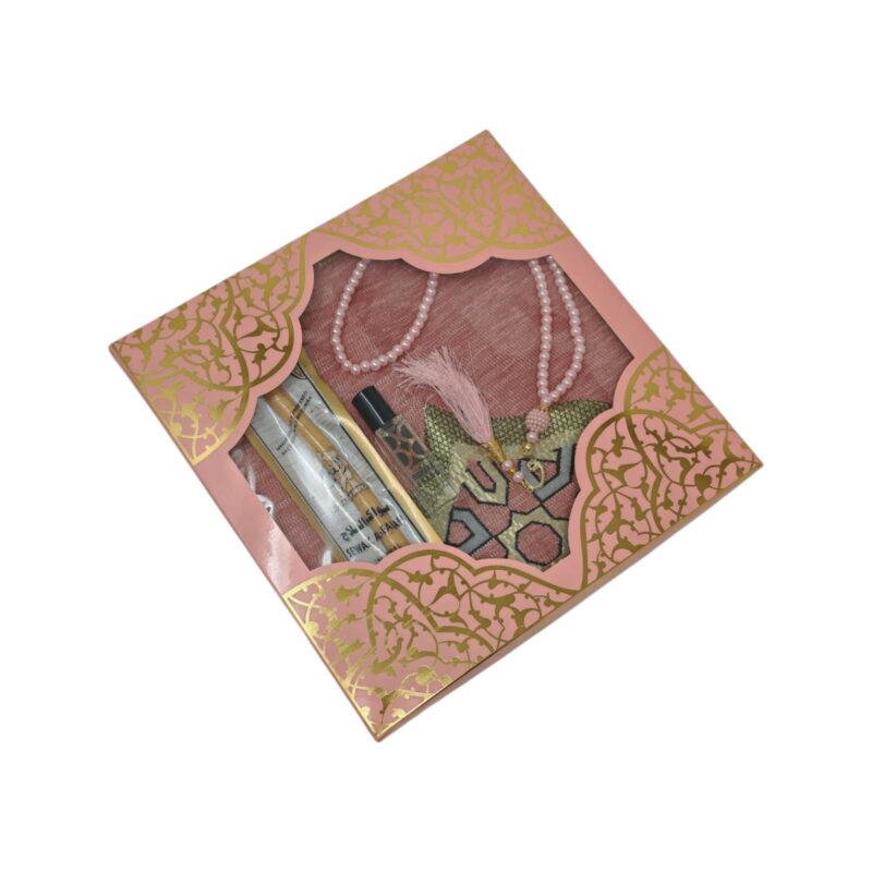 Islamic Prayer Mat - Islamic Gift Set: Prayer Mat, Tasbeeh, Attar & Miswak – Pink Gift Box