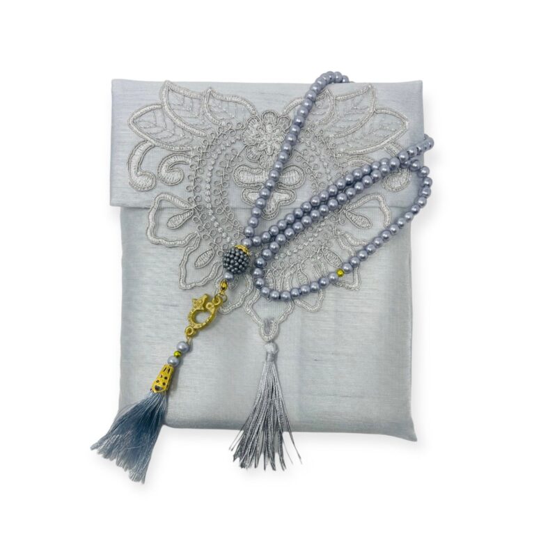 Islamic Prayer Mat - Lace Work Travel prayer mat With Tasbeeh Grey