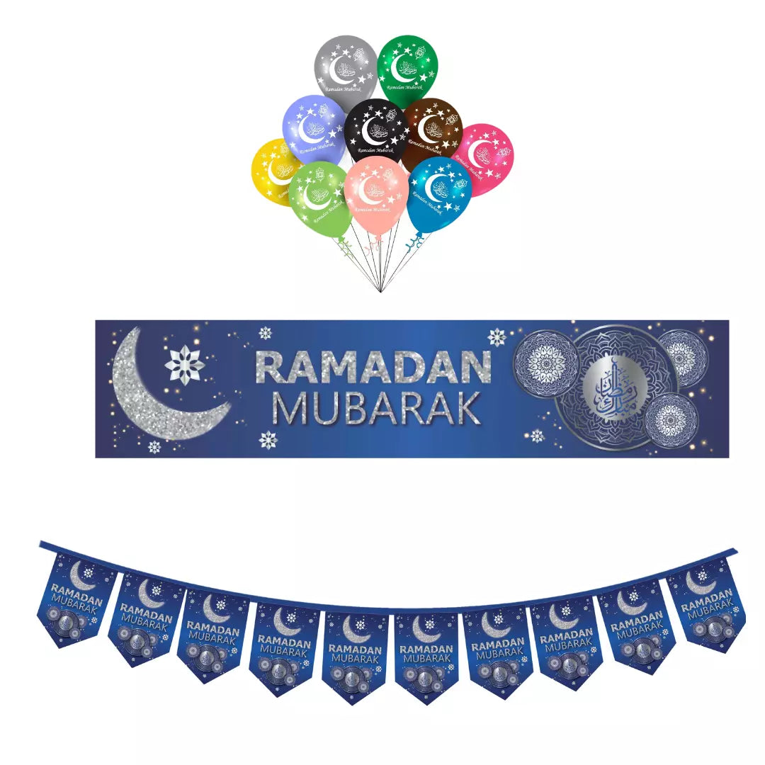 Islamic Ornament - Blue & Silver Bumper Ramadan Mubarak Banners Bunting Balloons Decorate Balloon Islamic Ornament - Blue & Silver Bumper Ramadan Mubarak Banners Bunting Balloons Decorate Balloon
