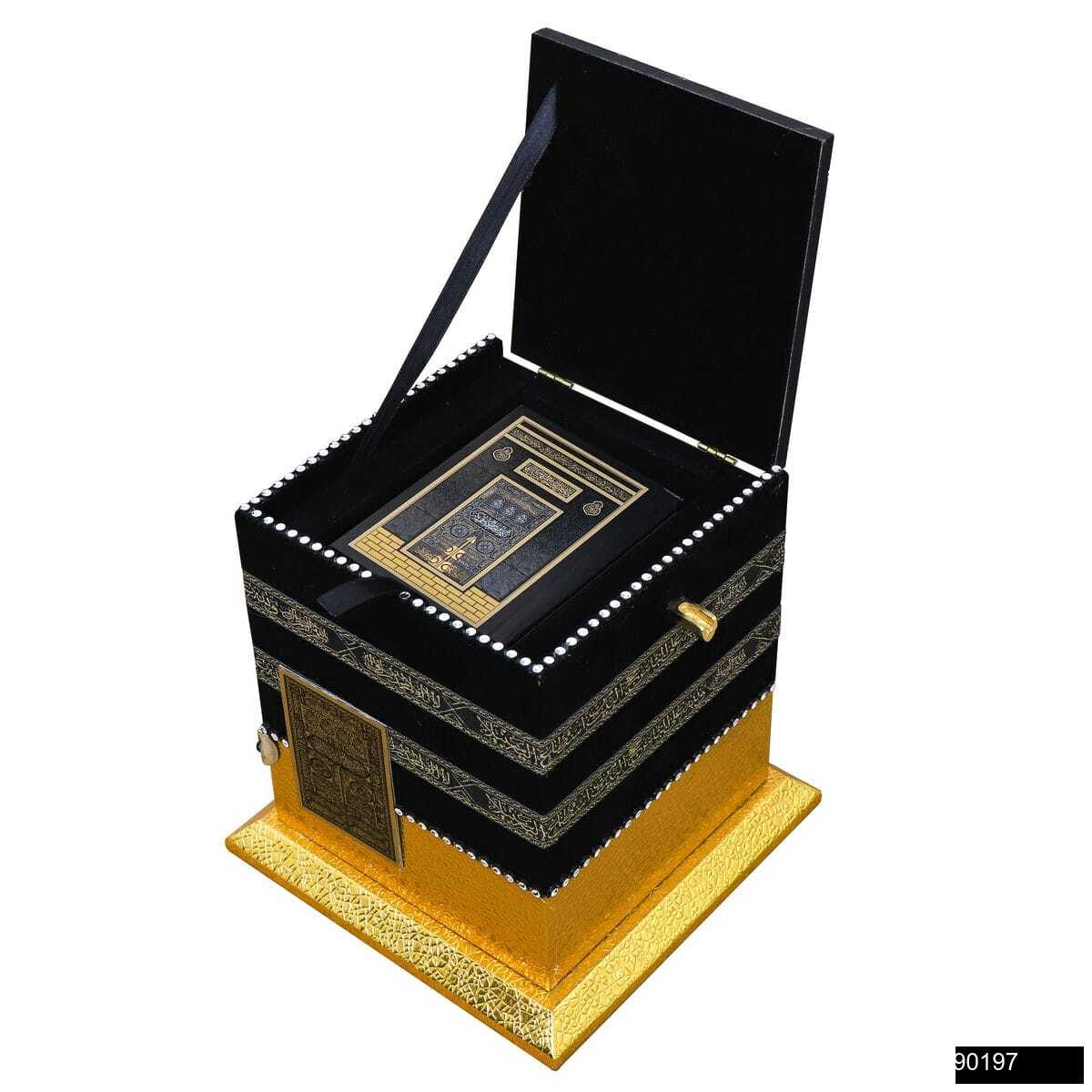 90197-1.jpg Küçük Boy Kare Kabe Maket Kutu 20 cm + Cep Boy Medine Hatlı Arapça Kabe Sıvama Kapak Kuran-ı Kerim Hediye Seti - Görsel 1